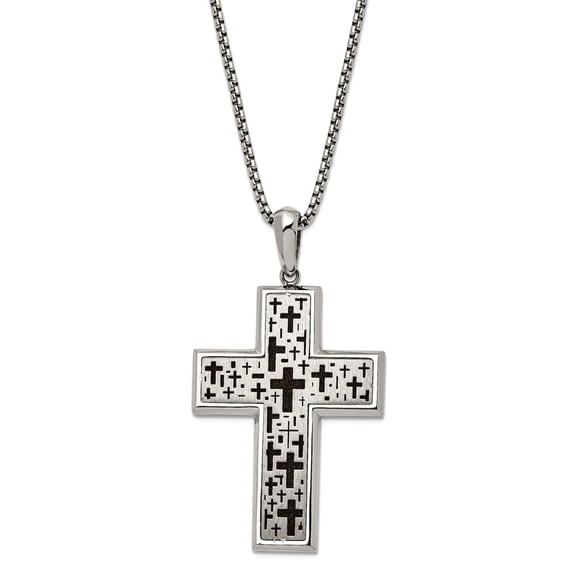 35mm Stainless Steel Brushed Polished and Laser Cut Black Ip Plated Religious Faith Cross Pendant a Box Chain Necklace 2