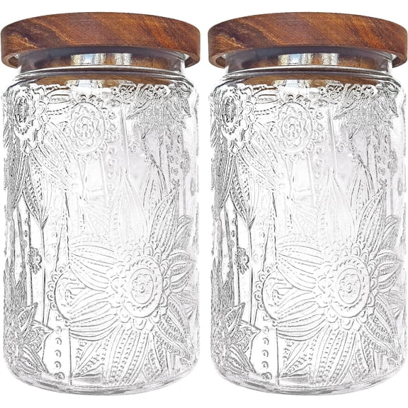 35oz/1000ml Glass Storage Jars with Nature Wood Lids, Airtight Food Containers for Kitchen Organization, Large Capacity Cookie, Pasta, Sugar, Flour, Cereal - Set of 2 sunflower
