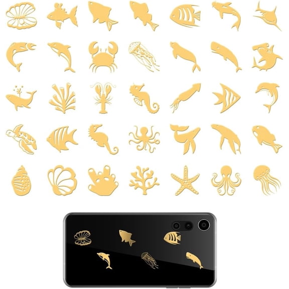 35pcs 0.8x0.8 Inch Golden Metal Stickers Marine Life Metal Sticker Starfish Self Adhesive Stickers Ocean Theme Epoxy Sticker Pyramid Decals
