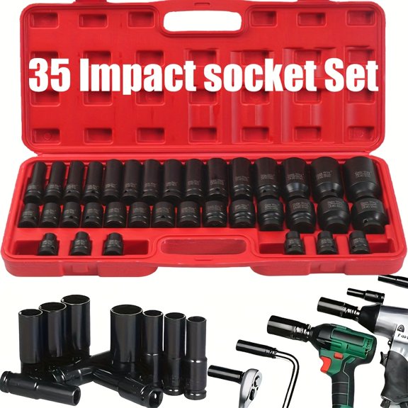 35pcs 1/2" Drive Impact Socket Set, Professional Pneumatic Socket Kit, Long & Short Sockets, Hex Extensions & Swivel Tools, for Auto Repair & Mechanical Work