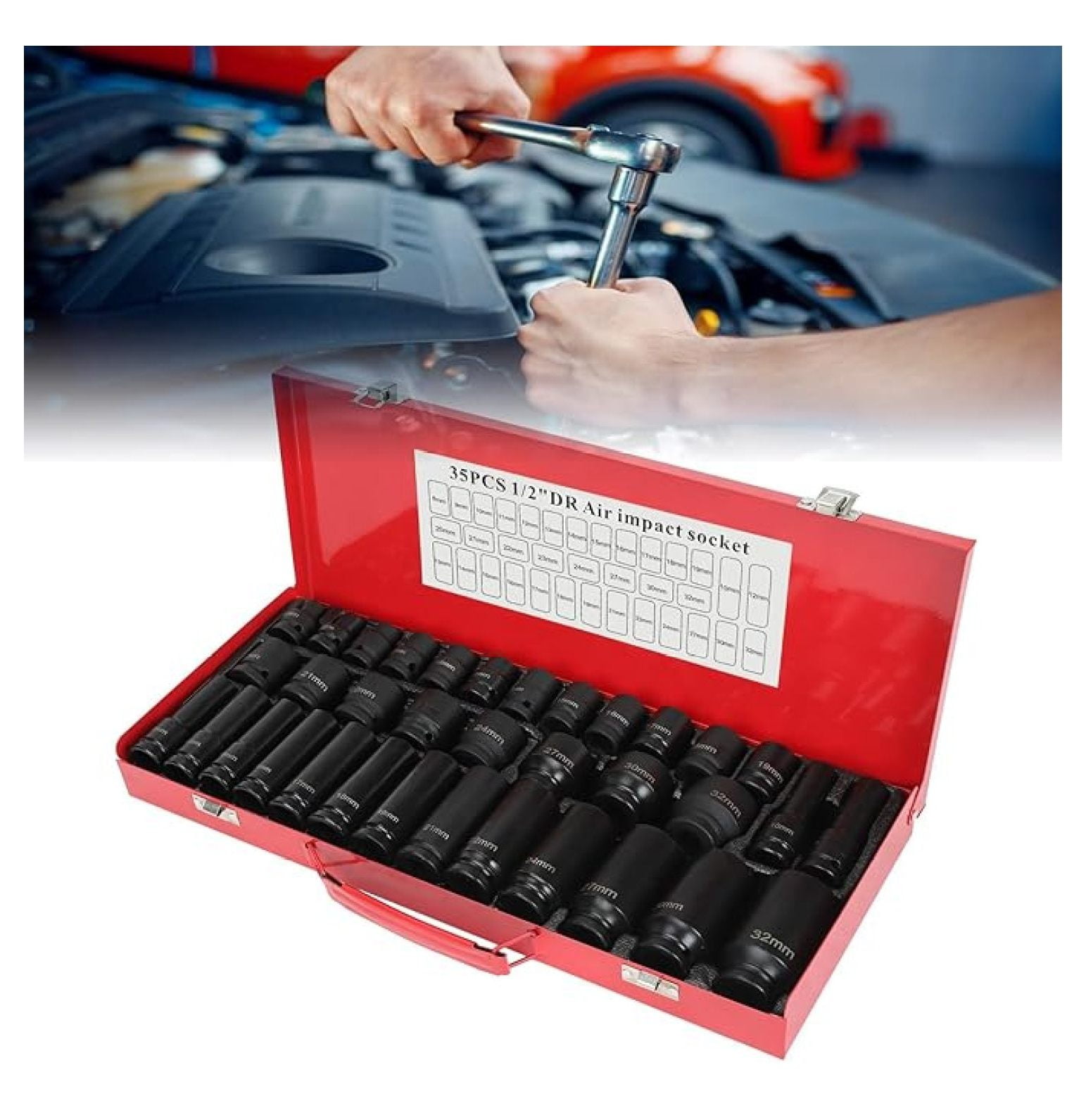 35pcs 1/2" Inch Deep Impact Socket Set Drive 8-32mm Metric Garage Sae With Case - 6 Point - Garage Workshop Car Auto Truck Repair Hand Tools