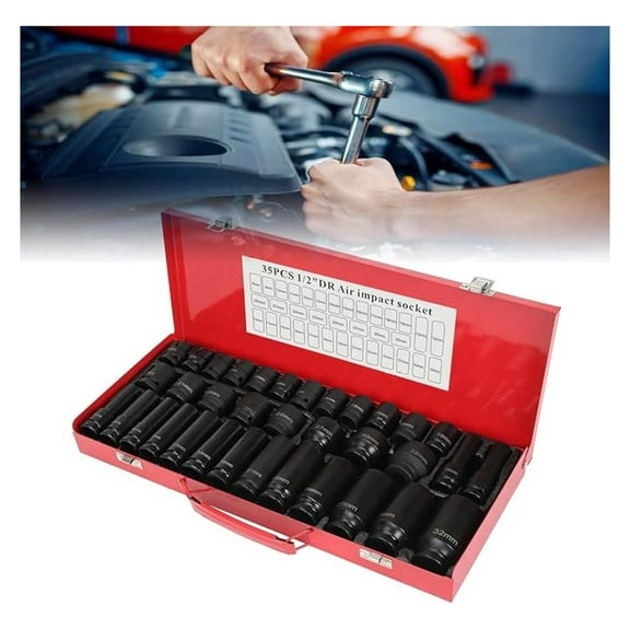 35pcs 1/2" Inch Deep Impact Socket Set Drive 8-32mm Metric Garage Sae With Case - 6 Point - Garage Workshop Car Auto Truck Repair Hand Tools