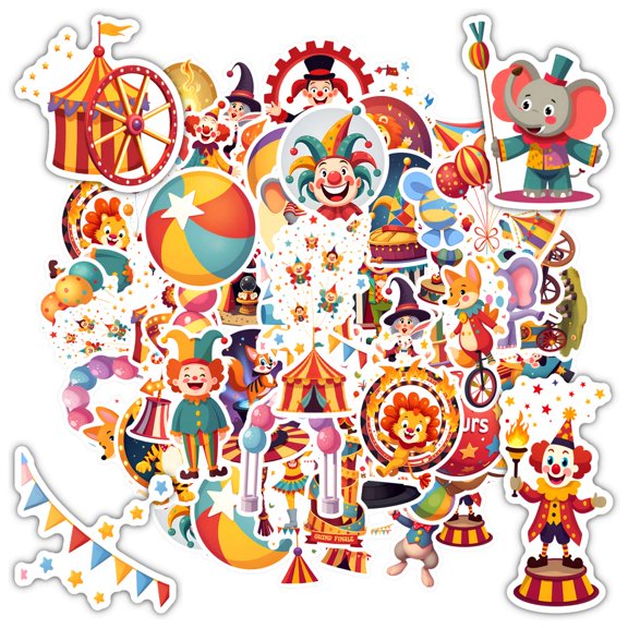 35pcs-50pcs Adorable Animal Stickers Funny Clown Stickers Colorful Carnival Stickers for Luggage Laptop Suitcase