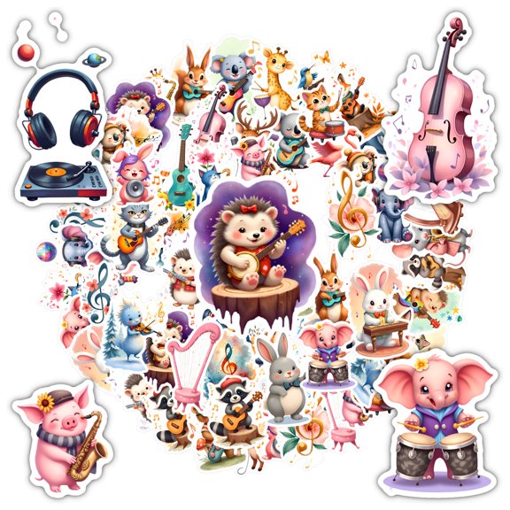 35pcs-50pcs Adorable Animal Stickers Musical Instrument Stickers Playful Cartoon Stickers for Phones Laptops Suitcase
