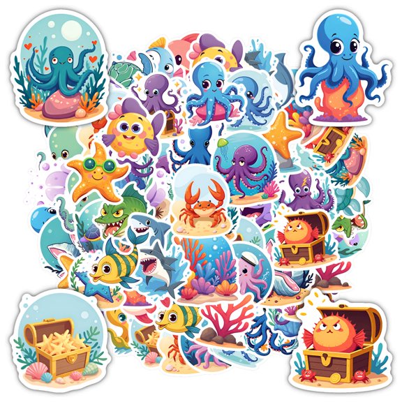 35pcs-50pcs Aquatic Stickers Stationery Stickers Animal Waterproof Children Stickers for Phone Suitcases Laptops