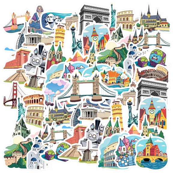 35pcs-50pcs Architectural Stickers Landmark Stationery Stickers World Stickers Decals for Luggage Laptop Suitcase