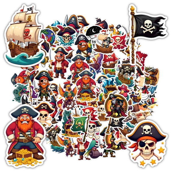 Piracy Sticker 35pcs-50pcs Cartoon Pirate Stickers Skull Pirate Stickers Parrot Pirate ...