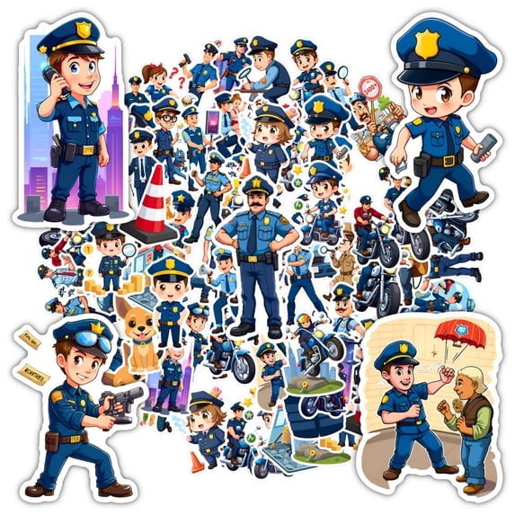 35pcs-50pcs Cartoon Police Stickers Motorcycle Patrol Stickers Officer Characters for Laptops Suitcase Fridge