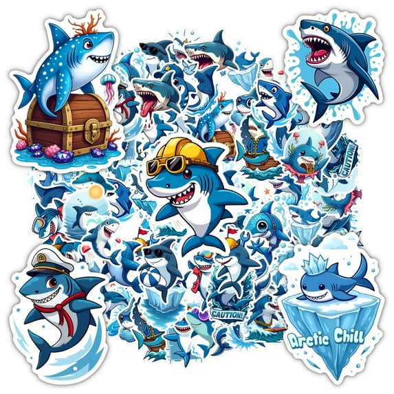 35pcs-50pcs Cartoon Shark Stickers Adventure Stickers Ocean Animal Stickers for Luggage Laptops Suitcases