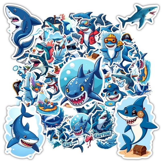 35pcs-50pcs Cartoon Shark Stickers Adventure Stickers Ocean Animal Stickers for Luggage Laptops Suitcases