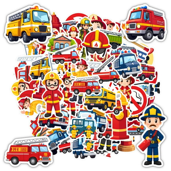 35pcs-50pcs Cartoon Stickers Firefighter Kids Stickers Emergency Vehicles Funny Stickers for Notebooks Luggage