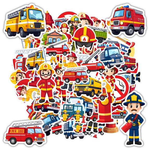 35pcs-50pcs Cartoon Stickers Firefighter Kids Stickers Emergency Vehicles Funny Stickers for Notebooks Luggage
