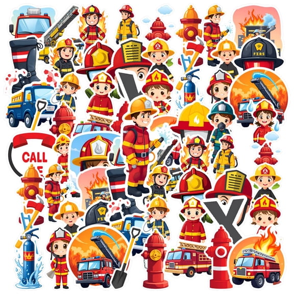 35pcs-50pcs Cartoon Stickers Firefighter Stationery Sticker Safety Kids Stickers for Laptops Suitcase Fridge