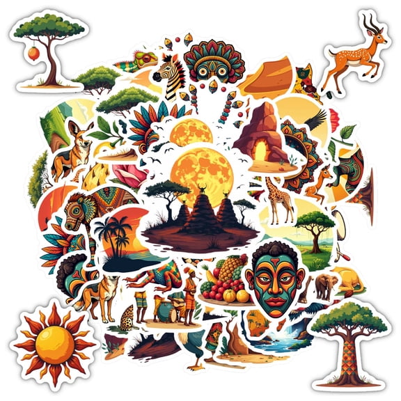 35pcs-50pcs Colorful Animal Stickers African Wildlife Decals Tribal Art Stickers for Luggage Laptop Guitar Fridge