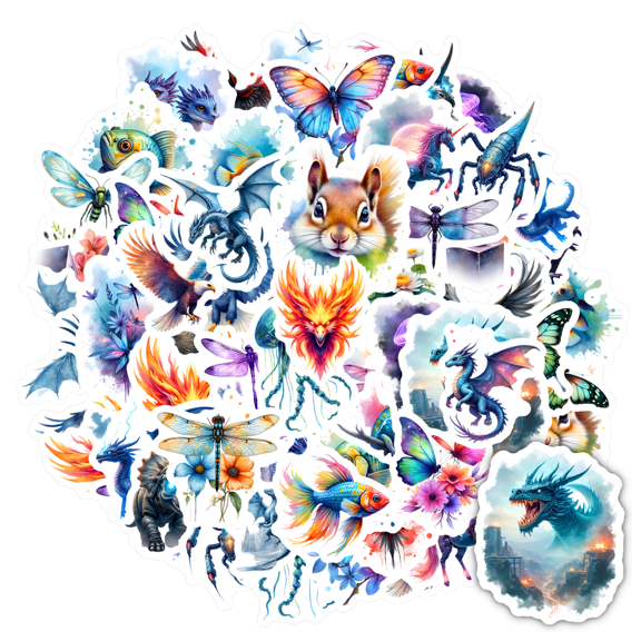 35pcs-50pcs Colorful Animal Stickers Fantastical Dragon Stickers Vibrant Fish Mythical Stickers for Laptops Suitcases