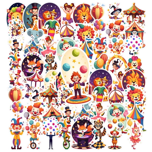 35pcs-50pcs Colorful Circus Stickers Fun Cartoon Clown Stickers Animal Stickers for Laptops Cars Guitars