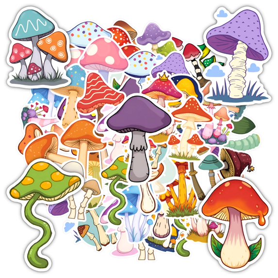 35pcs-50pcs Colorful Mushroom Stickers Nature Cartoon Stickers Fantasy Stickers for Laptops Phones Suitcases