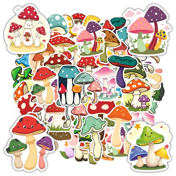 35pcs-50pcs Colorful Mushroom Stickers Nature Stationery Stickers Fantasy PVC Stickers for Laptops Suitcases