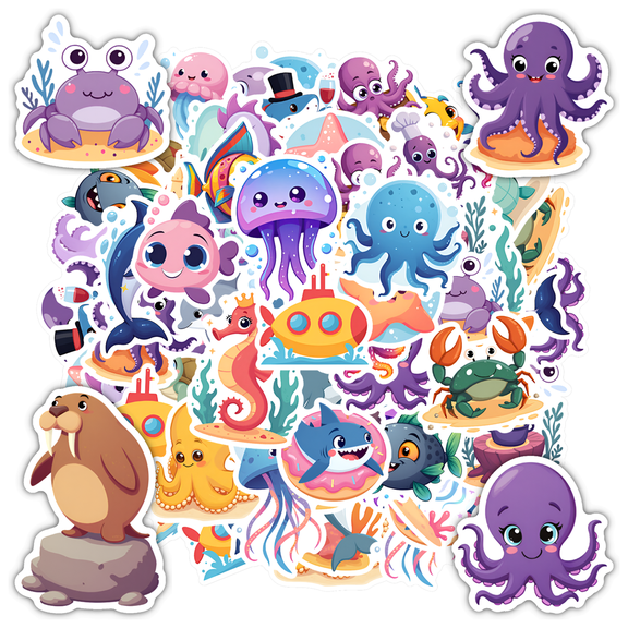 35pcs-50pcs Colorful Sea Stickers Ocean Animals Cute Stickers Cartoony Stickers for Laptops Phones Suitcase