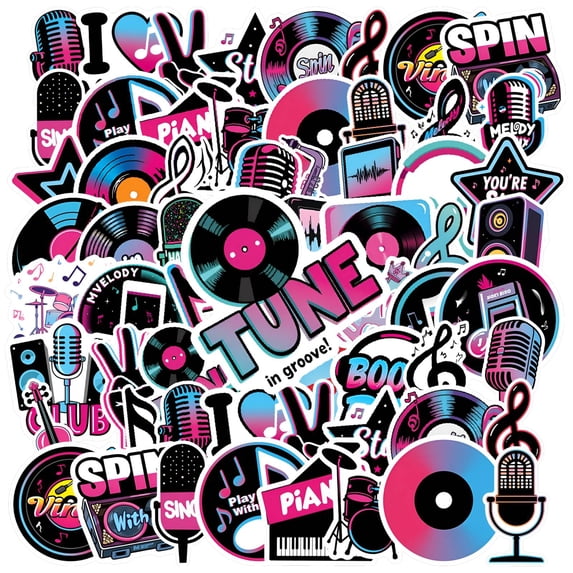 35pcs-50pcs Colorful Stationery Stickers Retro Music Stickers Cool Vinyl Decals for Laptops Phones Suitcase
