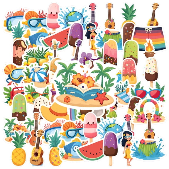 35pcs-50pcs Colorful Summer Vacation Stickers Fun Tropical Ice Cream Stickers Cute Music Stickers for Suitcase Laptop Guitar