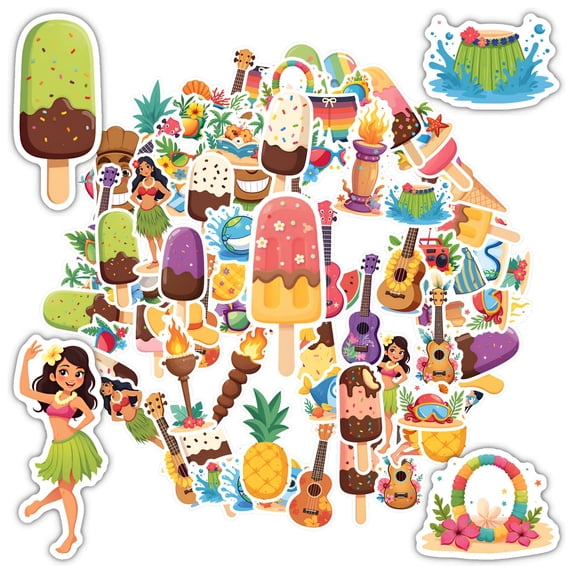 35pcs-50pcs Colorful Summer Vacation Stickers Fun Tropical Ice Cream Stickers Cute Music Stickers for Suitcase Laptop Guitar