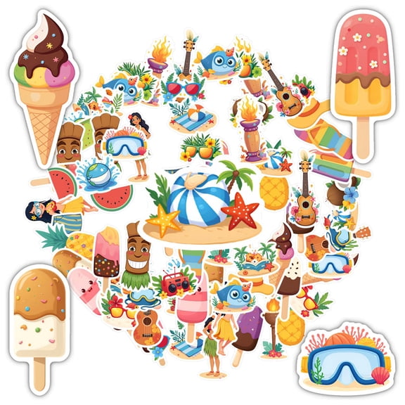 35pcs-50pcs Colorful Summer Vacation Stickers Fun Tropical Ice Cream Stickers Cute Music Stickers for Suitcase Laptop Guitar