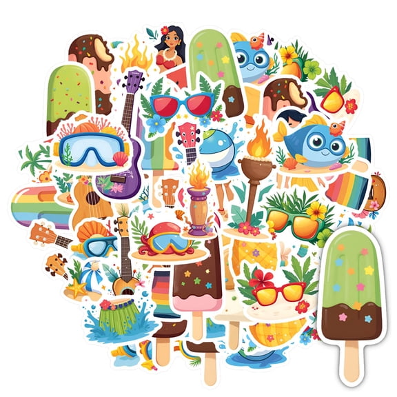35pcs-50pcs Colorful Summer Vacation Stickers Fun Tropical Ice Cream Stickers Cute Music Stickers for Suitcase Laptop Guitar