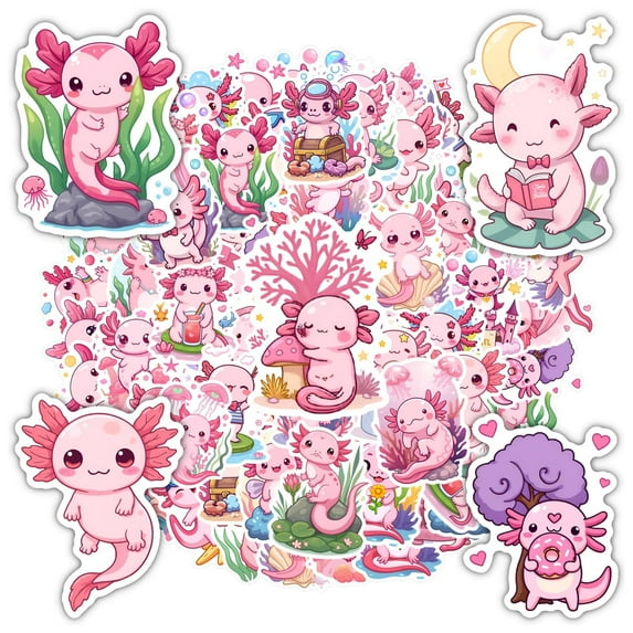 35pcs-50pcs Cute Axolotl Sticker Pack Pink Cartoon Stickers for Laptops Suitcase Phone