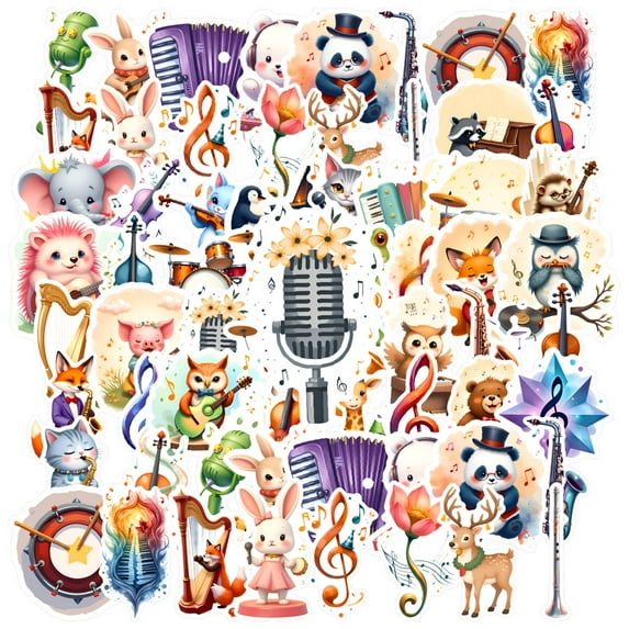 35pcs-50pcs Cute Musical Stickers Animal Band Stickers Cartoon Instrument Stickers for Laptops Notebooks Suitcases