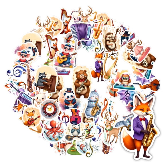 35pcs-50pcs Cute Musical Stickers Animal Band Stickers Cartoon Instrument Stickers for Laptops Notebooks Suitcases