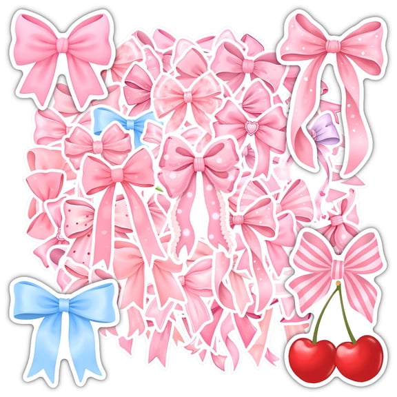 35pcs-50pcs Cute Ribbon Stickers Pink Bow Stickers Fun Stationery Stickers for Luggage Laptop Suitcase