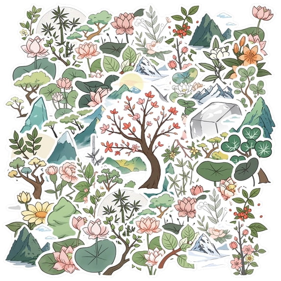 35pcs-50pcs Floral Stickers Nature Stationery Stickers Decals Mountain Stickers Trees Stickers for Laptops Phone Luggage