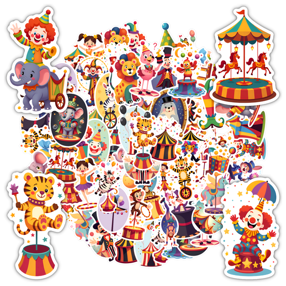 35pcs-50pcs Funny Circus Stickers Animal Decals Cartoon Clown Stickers for Laptop Phone Suitcase