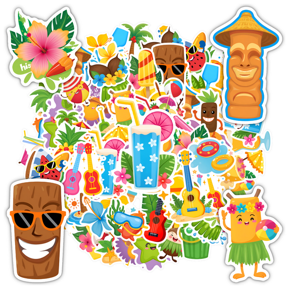 35pcs-50pcs Hawaiian Stickers Kids Tropical Stickers Cute Decals Summer Coconut Stickers for Laptops Suitcase