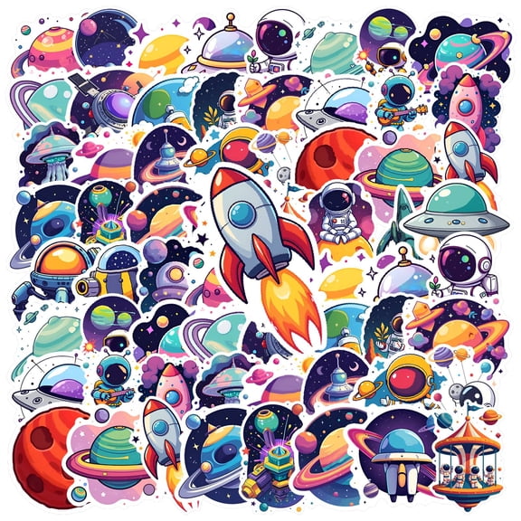 35pcs-50pcs Kids Stickers Astronaut Decals Alien Graffiti Rocket Stickers Spaceship Stickers for Phone Laptop Guitar