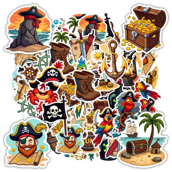 35pcs-50pcs Pirate Stickers Treasure Chest Stickers Adventure Kids Stickers for Suitcase Laptop Guitar