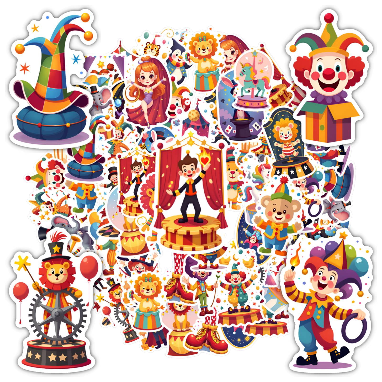 35pcs-50pcs Playful Clown Stickers Fun Animal Decals Bright Circus ...