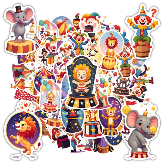 35pcs-50pcs Playful Clown Stickers Fun Animal Decals Bright Circus Stickers for Notebooks Luggage Phones