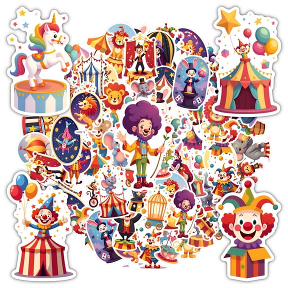 35pcs-50pcs Playful Clown Stickers Fun Animal Decals Bright Circus Stickers for Notebooks Luggage Phones