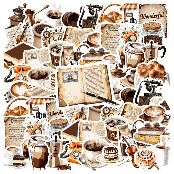 35pcs-50pcs Retro Coffee Stationery Stickers Vintage Funny Sticker Pack for Laptop Fridge Guitar