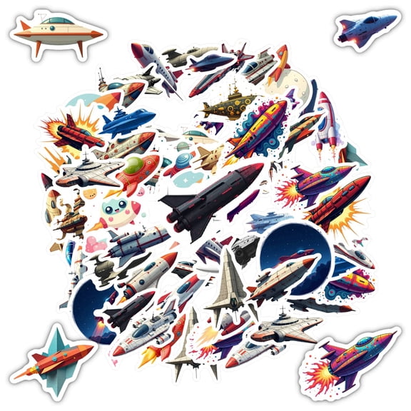 35pcs-50pcs Retro Stationery Stickers Rocket PVC Stickers Spaceship Kids Stickers for Laptops Suitcase Guitar