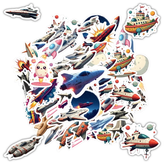 35pcs-50pcs Retro Stationery Stickers Rocket PVC Stickers Spaceship Kids Stickers for Laptops Suitcase Guitar