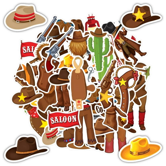 35pcs-50pcs Rustic Stickers Cowboy Kids Stickers Decals Hat Stickers Wild West Stickers for Laptops Suitcases Fridge