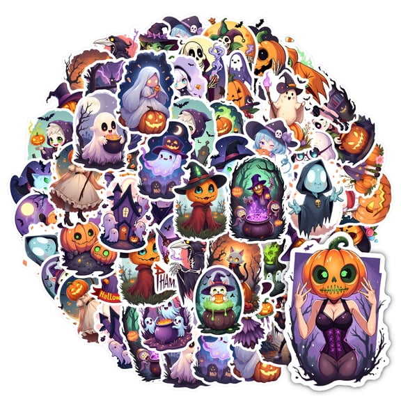 35pcs-50pcs Spooky Sticker Pack Halloween Witch Stickers Ghost Monster Graffiti Decals for Suitcase Phone Laptop