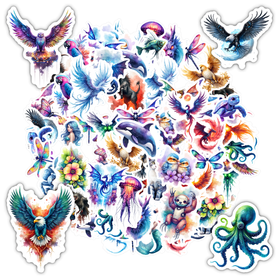 35pcs-50pcs Winged Animals Stickers Mythical Stationery Stickers Colorful Teacher Reward for Laptops Suitcase