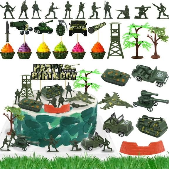 35pcs Camo Cake Cupcake GGA1 Toppers Camouflage Cake Army Military Party Supplies with Camo Happy Birthday Cake Topper Army Men Tanks Vehicles for Army Military Themed Party Boys Girls Veteran