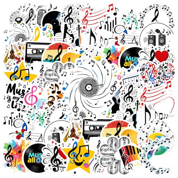 35pcs Colorful Music Stickers Retro Instrument Stickers Floral Fun Stickers for Suitcase Fridge