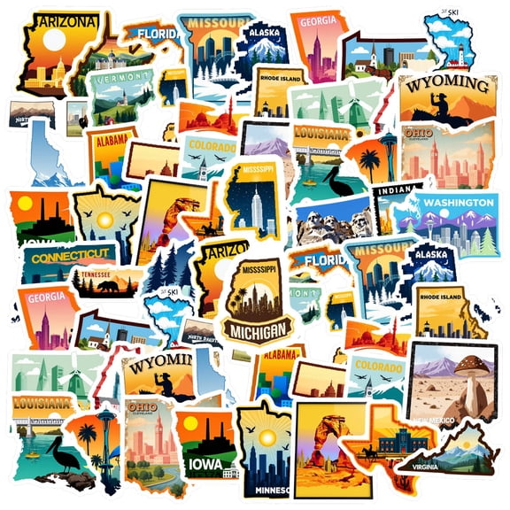 35pcs Colorful State Decals Travel Stickers Landmark Stickers PVC Graffiti for Suitcases Laptops Guitars