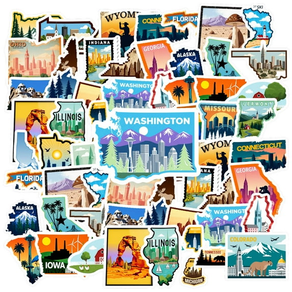 35pcs Colorful State Decals Travel Stickers Landmark Stickers PVC Graffiti for Suitcases Laptops Guitars
